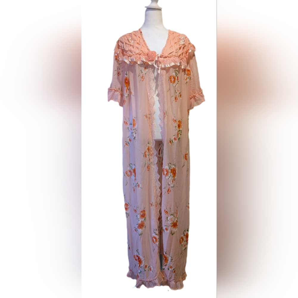 Vintage 1970s Long Robe Dressing Gown Floral Print Rose Embellished -L-